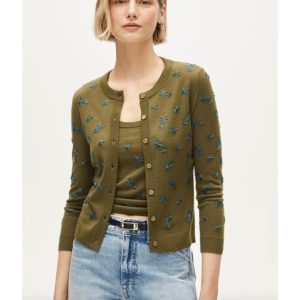 J Crew Collection NWT Crewneck Cardigan in Merino Wool Olive Embellished Small